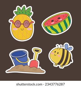 Kawaii doodle sticker hand drawn style pineaplle, watermelon, sand, bee vector file