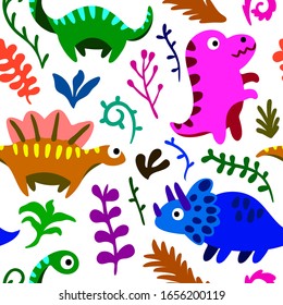 Kawaii Doodles Dinosaurs Pattern. Seamless Pattern, Vector Illustration EPS 10.