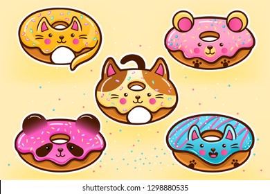 Kawaii Dounut Collection. Anime style cat, bear, panda doughnut element. Vector illustration EPS 10.