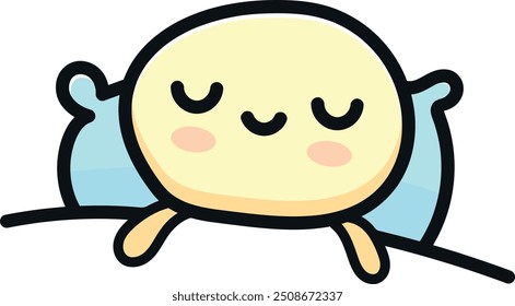 Kawaii drawing of a person sleeping peacefully in bed with head on pillow, having sweet dreams.