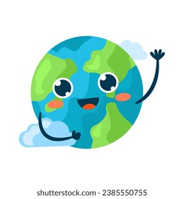 Kawaii drawing of the Planet Earth among the clouds waving his hands. Earth Day for Environmental Protection. Save the planet.