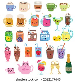 Kawaii drinks vector clip art set.