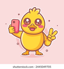 kawaii duck animal character mascot taking a selfie with a smartphone isolated cartoon