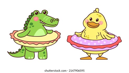 Pato Kawaii y cocodrilo. Animales cortos en un círculo inflable. Conjunto de ilustraciones vectoriales aisladas en fondo blanco.