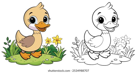 Kawaii Duckling Coloring Book For Kids Printable. Baby Duck In Garden Cartoon Outline Vector. Animal Cartoon Illustration