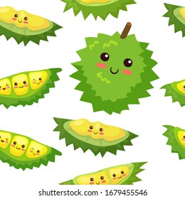 Kawaii Durian fruits pattern. Vector illustration with king of fruit in cute cartoon style for background, wrapping paper, decorations. Seamless pattern with tropical Asian fruit on white background. 