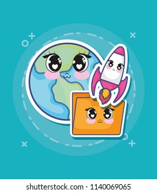 kawaii earth planet and folder