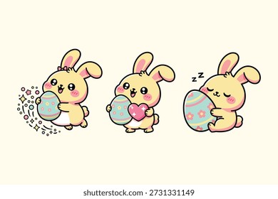 Conjunto de acciones de conejo de Pascua Kawaii con huevos decorados Vector lindo