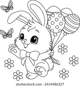 Kawaii Easter Bunny with balloons coloring page 