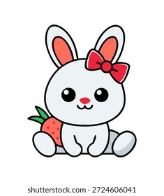 Kawaii Osterhase Charakter lächelnd, mit großen Augen und rosigen Wangen. Spielerische Tier-Illustration für Kinder Designs