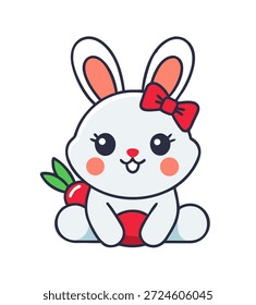 Kawaii personagem coelho de páscoa sorrindo, com grandes olhos e bochechas rosadas. Ilustração de animal de estimação brincalhão para desenhos de crianças