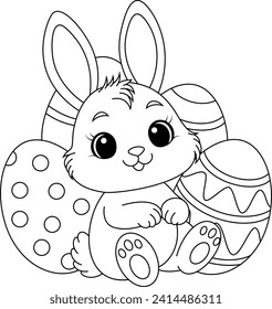 Kawaii Easter Bunny with easter eggs coloring page 