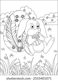 Kawaii Easter Bunny with easter eggs coloring page vector