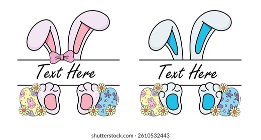 Kawaii Easter Bunny Elements – Ears, Paws, and Eggs with Cute Patterns and Flowers. Vector Illustration