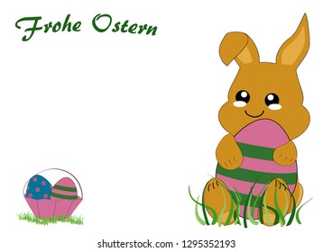 Kawaii easter card with cute rabbit kid, easter basket and the text happy easter. Vector file EPS 10. With text Happy Easter in german