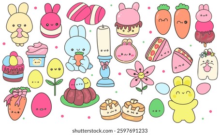 Kawaii Easter clipart set with cute bunny characters, eggs, carrots, cupcakes, desserts, flowers, and spring sweets in bright colors