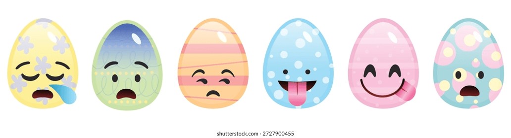 Pegatinas de huevo de Pascua kawaii con expresiones faciales adormiladas y juguetonas