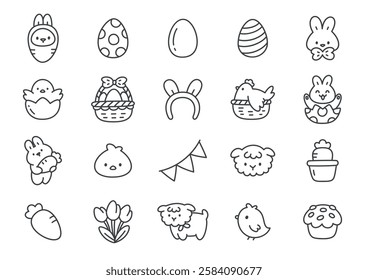 Kawaii easter icon set. Collection of cute monochrome hand drawn illustrations (chocolate eggs, chicken, bunny, lamb, cupcake etc.) isolated on a white background. Spring holiday stickers. 