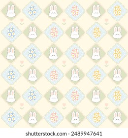 Kawaii Easter seamless pattern with bunny rabbit and eggs in rhombuses cute pillows with hearts. Hand drawn cartoon illustration in pastel soft palette. For printing packaging, textiles
