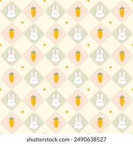 Kawaii Easter seamless pattern with hare rabbit and carrot in rhombuses cute pillows with hearts. Hand drawn cartoon illustration, pastel soft palette. For printing packaging, baby clothes, textiles.