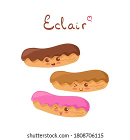 Kawaii Eclairs vector characters isolated on white background. Smiling Chocolate, Caramel & strawberry Eclair. Cute food mascot illustration with lettering. Funny card, fabric print, menu decoration.