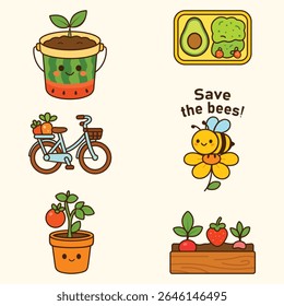 Kawaii eco stickers with smiling watermelon pot, plants, bike with veggies, garden box, lunch tray with avocado and wasabi, and a happy bee. Perfect for kids, gardening, and nature themes.