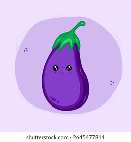 Kawaii eggplant. Cute happy eggplant cartoon character. Harvest concept. For poster, card, print, social media, post. Vector illustration