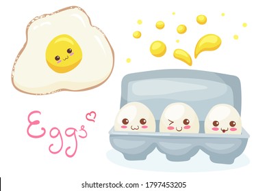 Huevos Kawaii en caracteres vectores Container y Omelet aislados en fondo blanco. Graciosa sonrisa comida saludable con letras. Abundante ilustración de ingredientes. Papel envuelto, concepto de menú infantil. 