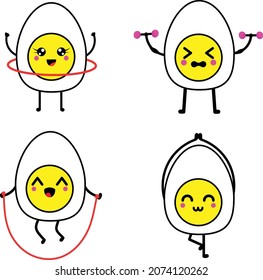 Kawaii Eggs Doing Yoga and Exercise, Vector Illustration On White Background. 