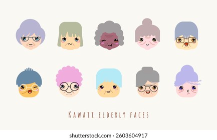 Kawaii elderly people faces. Set of elderly people avatars. Isolated vector illustration of elderly characters of different nationalities.