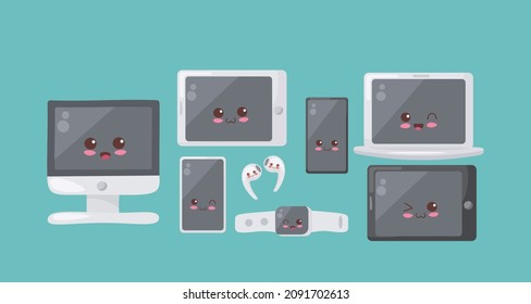 Aparatos electrónicos Kawaii. Colección de elementos de oficina. Ilustración vectorial de adorables personajes cómicos sonrientes - laptop, tablet, teléfono, computadora, reloj inteligente y auriculares inalámbricos.