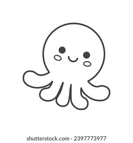 Kawaii element of set in black line design. Kawaii design on this endearing octopus character, accentuated by a black outline that enhances its charm. Vector illustration.