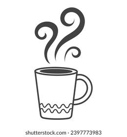 Kawaii element of set in black line design. The whimsy of kawaii style is highlighting on this endearing illustration of cup of tea, where a black outline enhances atmosphere. Vector illustration.