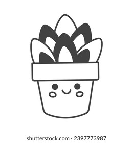 Kawaii element of set in black line design. This kawaii-style illustration features an adorable home plant character with a charming black outline, adding to its cuteness. Vector illustration.