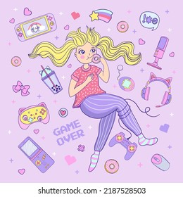 Elementos Kawaii con Gamer Girl. Ilustración vectorial lindo del juego de los 90