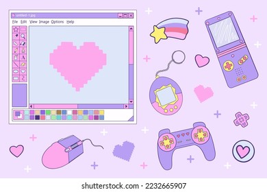 Kawaii elements set for Gamer Girl. 90’s vaporwave retro style. 