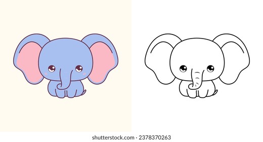 Kawaii Elephant Multicolored and Black and White. Beautiful Isolated Animal. Funny Vector Illustration of a Kawaii Baby Animal for Prints for Clothes, Stickers, Baby Shower. 