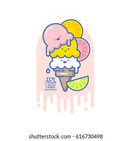 Kawaii Emoji. Cartoon ice cream illustration on Japanese style. Three scoops of ice cream in a waffle cone with citruses.