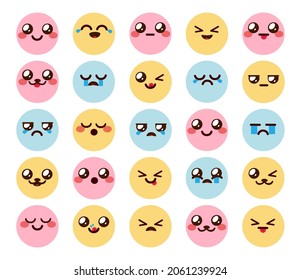 Kawaii emoji chibi vector set. Emoticon lindo dibujo de la expresión de emojis con caras alegres, sonrientes, tristes y ruidosas para el diseño de la colección de doodles kawaii chibis. Ilustración vectorial.
