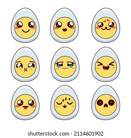 Diseño de conjunto vectorial de huevos emoji Kawaii. Easter egg chibi emojis con expresión facial linda en forma ovalada cara para la colección de dibujos animados de emoticonos de vacaciones. Ilustración vectorial.
