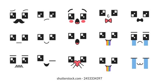 Kawaii Emojis, Unhappy, Crying Or Shy Face Feature Large, Square, Glistering Expressive Eyes, Tears, Blushing Cheeks