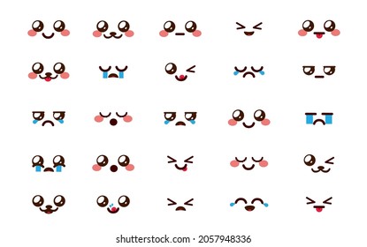 Kawaii emoticon chibi vector set. Los emoticonos de dibujos animados de Emoji se enfrentan en reacciones faciales y expresiones aisladas en el fondo blanco para el diseño de personajes de caricaturas de caricaturas lindas con doodle cómico. Ilustración vectorial.
