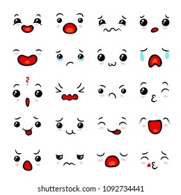 Kawaii emoticon face set. Collection of Japanese emoticons, cute textual portrayals of anime characters moods. Vector flat style cartoon illustration isolated on white background