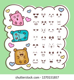 kawaii emoticons cute faces. simple vector set. cute bear