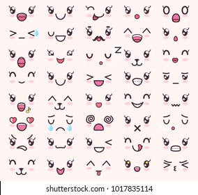 Kawaii emotions, poster with collection of emoticons, anger and love, sadness and happiness emotion, glowing cheeks, vector illustration of kawaii isolated on pink