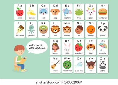 Kawaii English Vocabulary And Alphabet Flash Card Vector For Kids To Help Learning And Education In Kindergarten Children. Words Of Letter Abc To Z ,each Card Isolated On White Background.