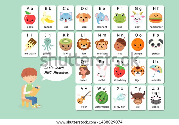 Kawaii\
English vocabulary and alphabet flash card vector for kids to help\
learning and education in kindergarten children. Words of letter\
abc to z ,each card isolated on white\
background.