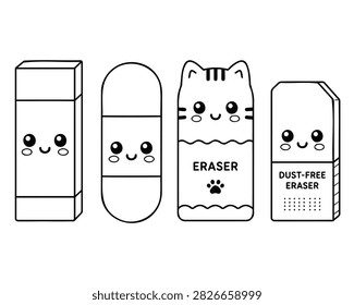 Kawaii eraser characters vector set. Cute cute school stationery line art with smiling faces including block eraser, cat eraser, and dust-free eraser for coloring pages.