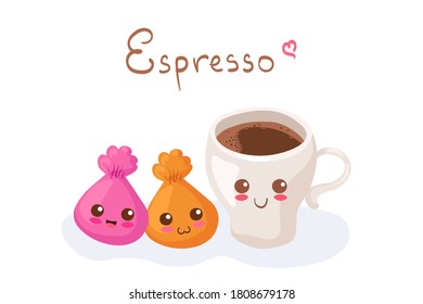 Kawaii Espresso Coffee in Cup with Candy vector characters isolated on white background. Smiling cup of caffeine beverage. Cute food mascot illustration with lettering. Funny card, menu decoration.