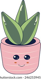 Kawaii Expression  Potted Cactus. in Cute Cartoon Design and Shapes. Isolated Vector Illustration.